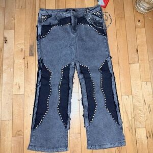 Gunzinii Denim Jeans Flare Denim with Jewels Design & Chain Sz: 40 Msrp $175